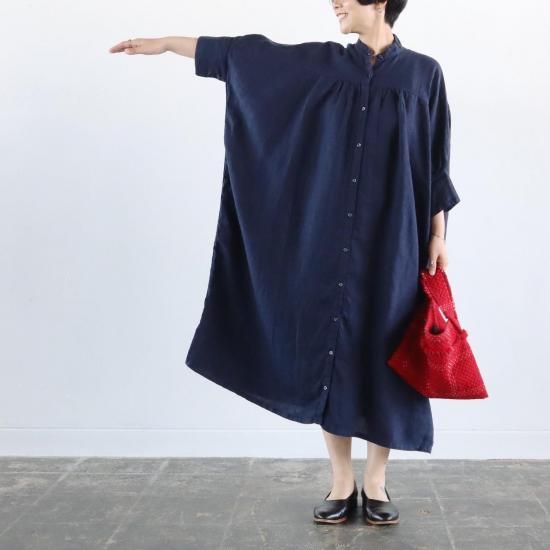 Honnete 3/4 SLV Long Gather Dress INK BLUE オネット