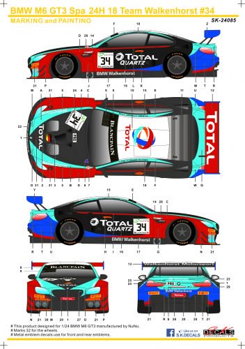 SK24085 BMW M6 GT3 Spa 24H 18 Team Walkenhorst #34 - Finisher's &  AutoModeli GT