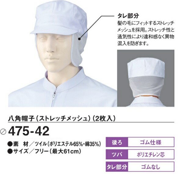 丸天帽子 サイドメッシュ (2枚入) 475-49 男女兼用 白 ホワイト 食品 