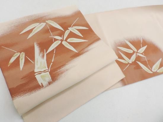 名古屋帯 小川英 手織り 綴 笹竹模様 灰梅地 八寸名古屋帯 御仕立上り