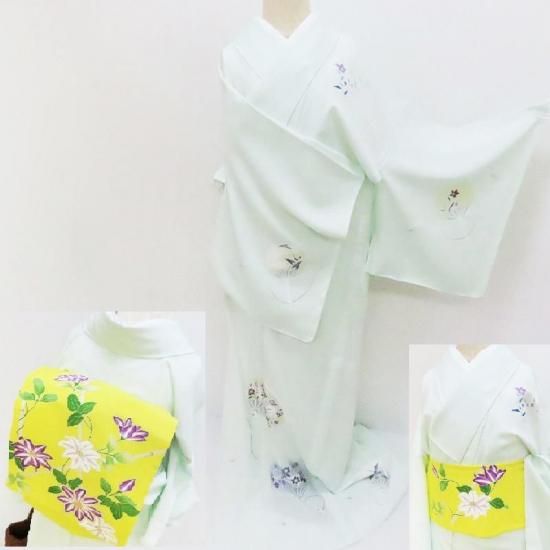 新品　正絹　紬の九寸名古屋帯　染め分けに刺繍　太鼓柄　からし色でこなれ感の着姿に 新品正絹紬の九寸名古屋帯染め分けに刺繍太鼓柄からし色でこなれ