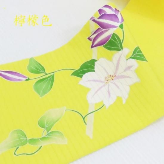 夏 名古屋帯 絽 五泉 クレマチス 鉄線 檸檬色 手刺繍 墨絵染め