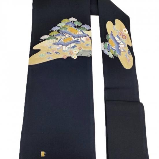 【中古】正絹　名古屋帯 　黒地　茶屋辻模様　刺繍 名古屋帯 縮緬地 茶屋辻文様 作家物 順フォーマル 茶道着物 御