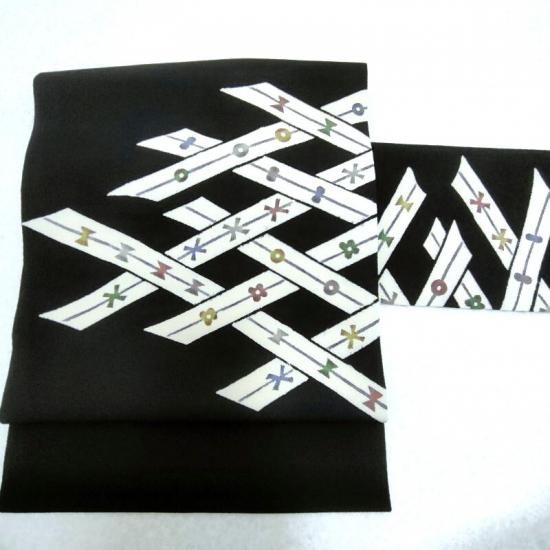 名古屋帯 型絵染め 縮緬地 網代紋 カジュアル 九寸名古屋帯 御仕立上り