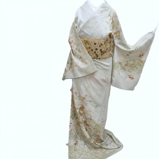 訪問着 本加工 友禅草花ノ図 灰白色 金駒刺繍 式事 フォーマル 茶道