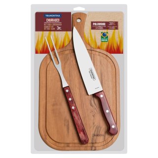 Kit para Churrasco  em Aco Inox e Cabo Vermelho Polywood com Tabua de Madeira 3 Pecas