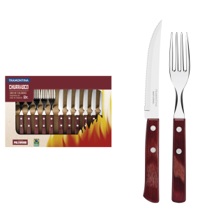 Jogo de Talheres para Churrasco  em Aco Inox com Cabo Vermelho Polywood 12 Pecas