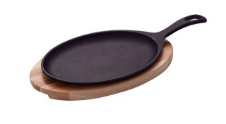 Tabua para Churrasco Mix Gril Oval em Ferro Fundido com Base em Madeira Teca com Cabo 30,5 x 18,5 cm