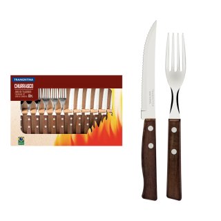 Jogo de Talheres para Churrasco  em Aco Inox com Cabo de Madeira Natural 12 Pecas