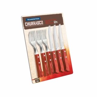 Jogo de Talheres para Churrasco  em Aco Inox com Cabo Vermelho Polywood 12 Pecas