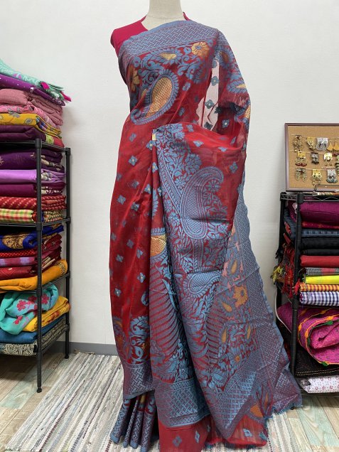 ˥åȥ󥵥꡼ jamdani cotton saree blue gray and dark red color 