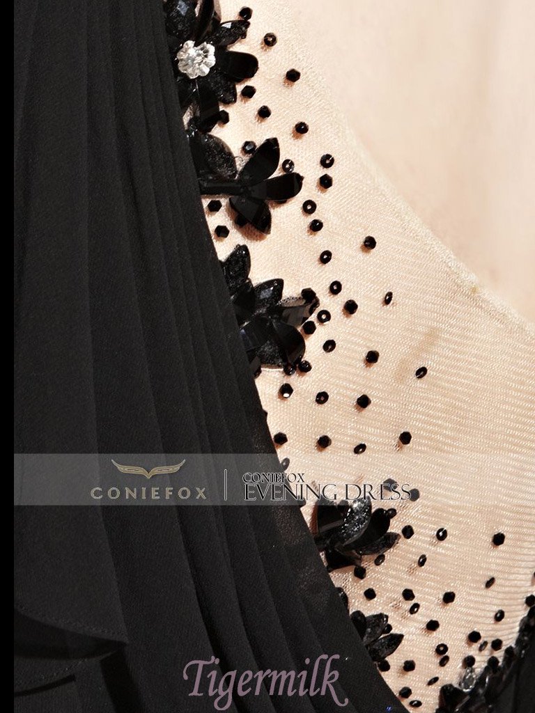 ◆Coniefox◆肩ひらひらワンショルダーシフォンゴージャスドレス※ブラック系(S/M)