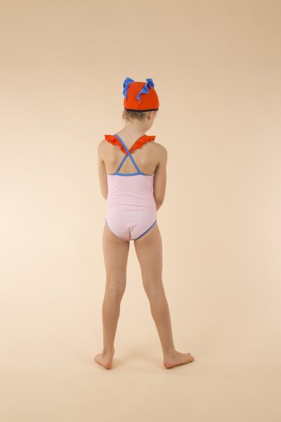 tiny cottons　タイニーコットンズ 　color block frills swimsuit light pink/carmin  フリルショルダー水着