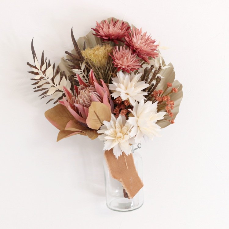 プロテアとワイルドフラワーのドライミニブーケ レッド×ホワイト 花瓶アレンジメント 造花 アーティフィシャルフラワー