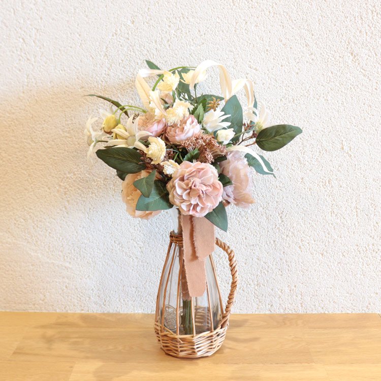 ローズとピオニーとフランネルフラワーのミックスブーケ 花瓶アレンジメント 薔薇 バラ 造花 アーティフィシャルフラワー