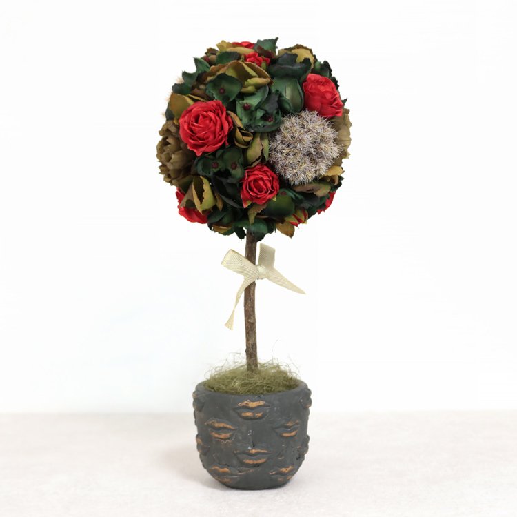 ローズとピオニーのトピアリーアレンジメント グリーン レッド 薔薇 バラ 紫陽花 造花 アーティフィシャルフラワー