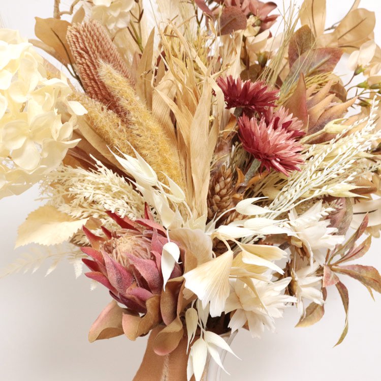 プロテアとバンクシアのドライフラワー風ミックスウィートブーケ 花瓶アレンジメント 紫陽花 ベージュ 造花 アーティフィシャルフラワー