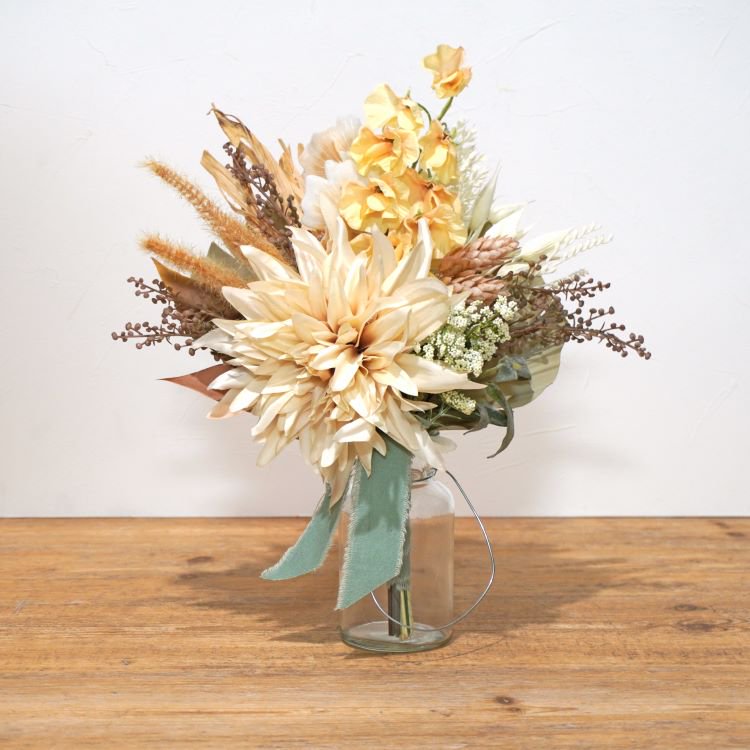 ダリアとスイトピーのミニブーケ ベージュ×モスグリーン 花瓶アレンジメント 造花 アーティフィシャルフラワー
