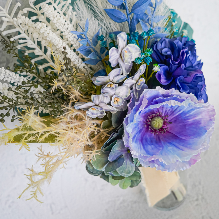 ポピーとスイセンのミニブーケ ブルー×ブルー 花瓶アレンジメント 造花 アーティフィシャルフラワー