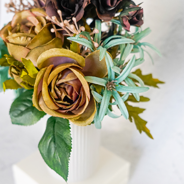アーティチョークとローズのダークアレンジメント パープル×くすみブルー 花瓶アレンジメント 造花 アーティフィシャルフラワー
