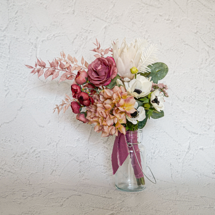 アネモネとローズのミニブーケ ベリーピンク×ホワイト 花瓶アレンジメント 造花 アーティフィシャルフラワー
