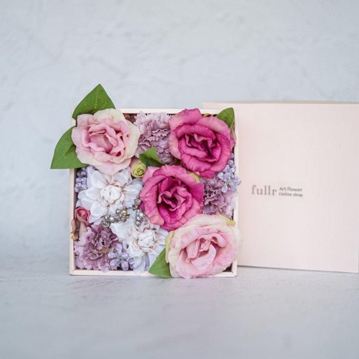 ハンドメイド 造花 バスケットアレンジメント ダリア リシアンサス ピンク 紫 トルコキキョウとダリアのFlower BOX アレンジメント 造花