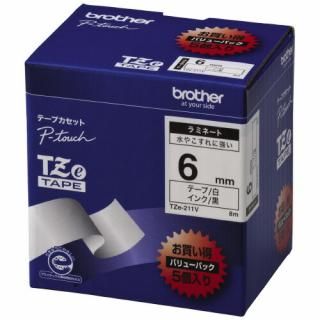 ブラザー　ピータッチ用ＴＺｅテープカセット　白に黒文字６ミリ幅　５本パック　ＴＺＥ－２１１Ｖ