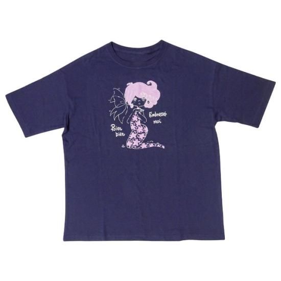 未使用 水森亜土 イラスト Tシャツ アドちゃん 未使用。水森亜土 アドちゃん イラストプリント Tシャツ WL 黒