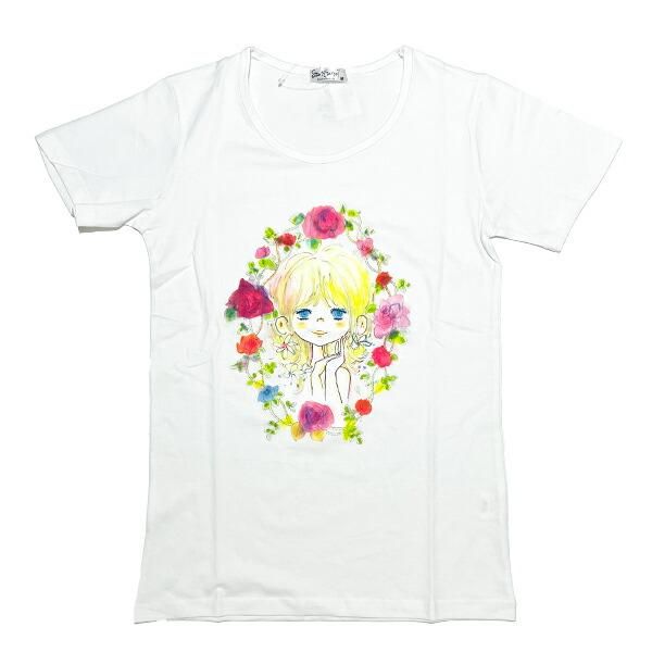 水森亜土 お花の少女柄 プリント半袖Tシャツ(M) ホワイト アパレル