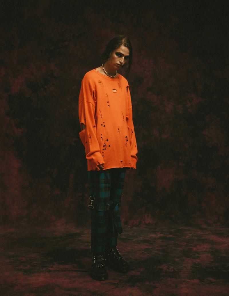 DISTRESSED KNIT SWEATER - Orange - JUST NOISE ONLINE STORE