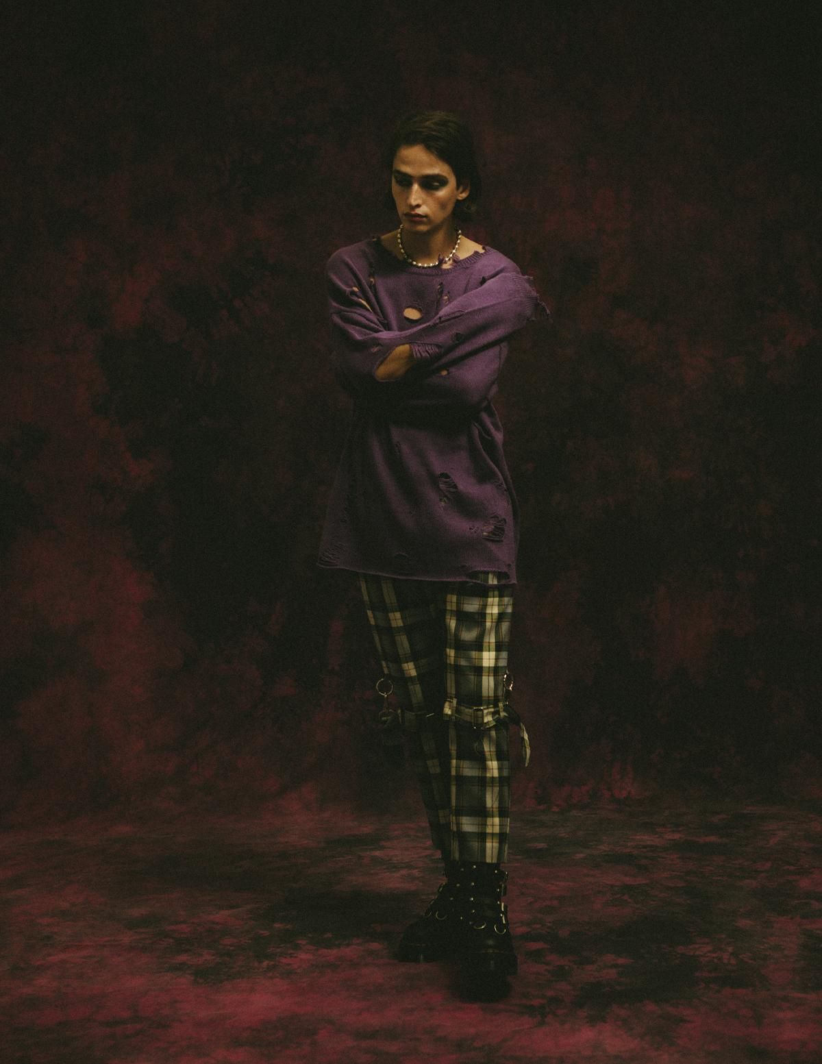 DISTRESSED KNIT SWEATER - Purple - JUST NOISE ONLINE STORE