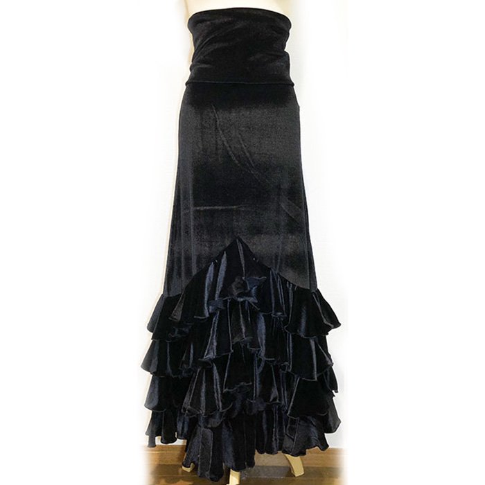 山型4段ベルベットハイウエストファルダ (黒)(SIZE:M-L 40)フラメンコスカート Flamenco Design社製 送料無料 -  フラメンコドレスショップ・ケイトトス Flamenco shop KateToss