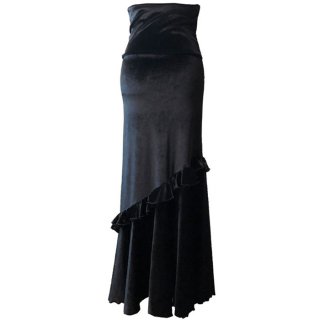 ベルベット・斜めフリルハイウエストファルダ  (黒)(SIZE:M-L 40)フラメンコスカート Flamenco Design社製 送料無料
