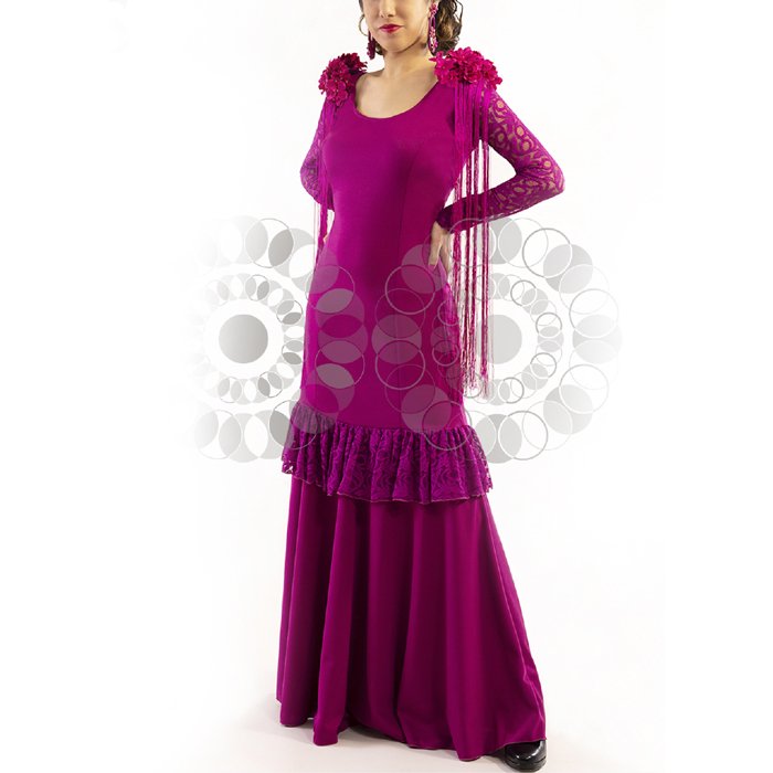 袖レース ストレッチニットワンピース(Cardenal 赤紫) (SIZE:38) Trajes de Flamenca社製 送料無料　フラメンコ衣装  - フラメンコドレスショップ・ケイトトス Flamenco shop KateToss