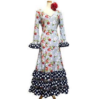 3段ギャザーフリルワンピ (グレー地に白の水玉と赤花柄+黒地に白の水玉) (SIZE:40) フラメンコドレス INTEXA社製 フラメンコ衣装