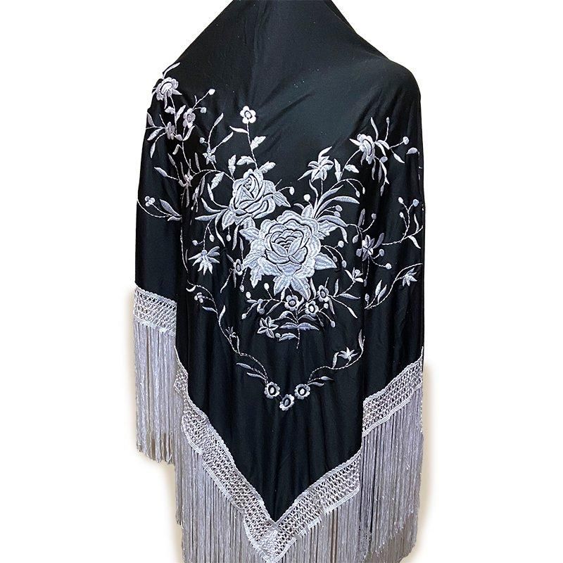 フラメンコ　マントン 豪華】超大判 フラメンコ用 シルクマントン アイボリーx多色