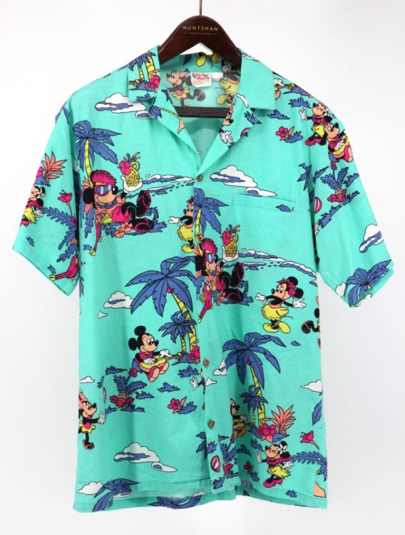 古着 70~80's USA製 BaReFoot in PARADISE Disney ディズニー ミッキー ミニー ビーチ ハワイアン ビンテージ  開襟 オープンカラー アロハシャツ / メンズL - DAIGO'S ONLINE SHOP