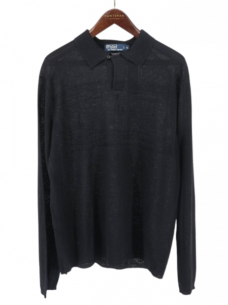 古着 未使用 タグ付き デッドストック Polo by Ralph Lauren ポロ ラルフローレン ブラックリネン ニット マリン モチーフ 長袖 ポロシャツ / メンズXL