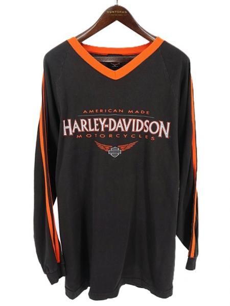 古着 90's USA製 HARLEY-DAVIDSON ハーレーダビッドソン 両面プリント 袖ライン Vネック ロンT / メンズXL
