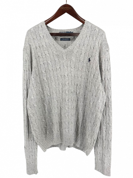 古着 90's POLO by RALPH LAUREN ポロ ラルフローレン シルク100% ケーブル編み グレー Vネック ニットセーター/ メンズXL