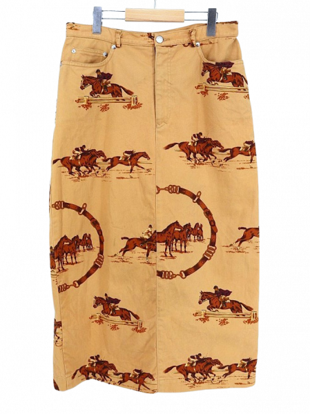 古着 90's Ralph Lauren ラルフローレン 総柄 ポロ 乗馬 プリント 5ポケット キャメル カラーデニム ロング スカート / レディース 14