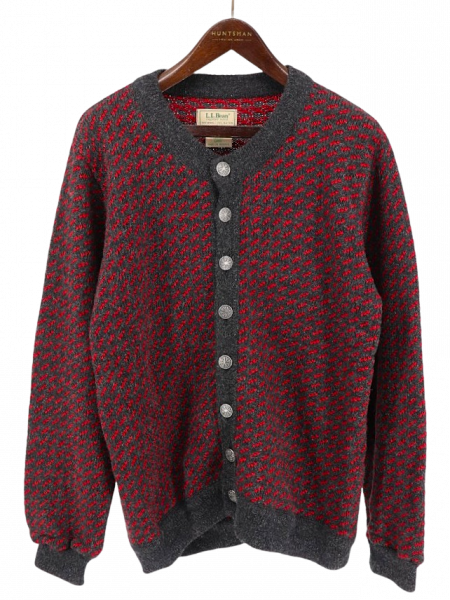 古着 80's ノルウェー製 L.L.Bean エルエルビーン バーズアイ グレー×レッド ウール ニット カーディガン / メンズL