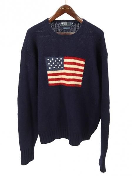 古着 90's POLO by Ralph Lauren ポロラルフローレン 星条旗柄 ウール ネイビー ニット セーター / メンズXL