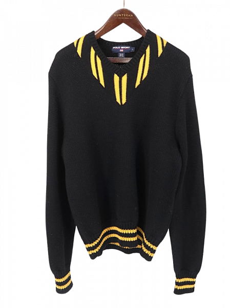古着 90's POLO SPORT ポロスポーツ Ralph Lauren ラルフローレン レザー エルボーパッチ付き Vネック ニット セーター / メンズL