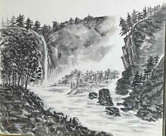 山と滝 - 新美典保アートギャラリー | 水墨画・掛け軸・水彩画・油彩画作品販売
