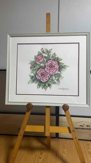 バラとアネゴの花 現代工芸品 装飾画 スプレー絵 書画 掛け軸鋳造 - 版画