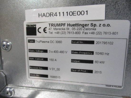 中古 TRUMPF TRUPLASMA DC 3060 3X400-480V 50/60Hz 150A 60KW プラズマ励起 -  growdesystem