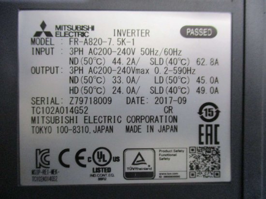 中古 MITSUBISHI INVERTER FR-A820-7.5K-1 インバーター 3PH AC200-240V - growdesystem