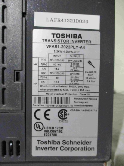 中古 TOSHIBA TRANSISTOR INVERTER VFAS1-2022PLY-A4 トランジスタ インバータ 2.2kW 4.2kVA -  growdesystem