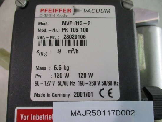 中古PFEIFFER VACUUM MVP 015-2 DIAPHRAGM VACUUM PUMP PK T05 100 120W 100-115HZ  208-236V - growdesystem